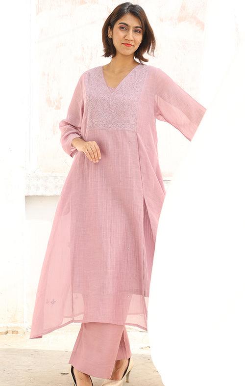 Lilac Chanderi Chikankari Kurta with Pants and Silk Organza Dupatta