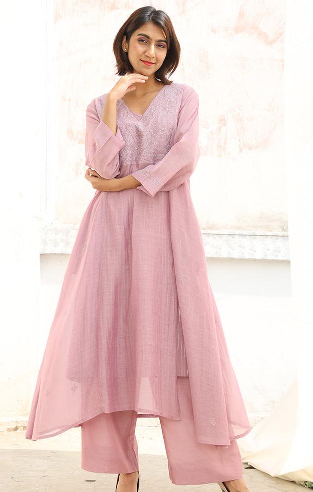 Lilac Chanderi Chikankari Kurta with Pants and Silk Organza Dupatta