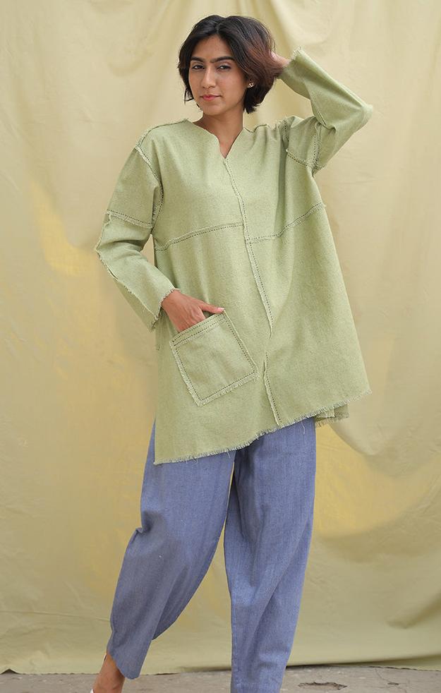 Sage Green Patchwork Linen Flax Top