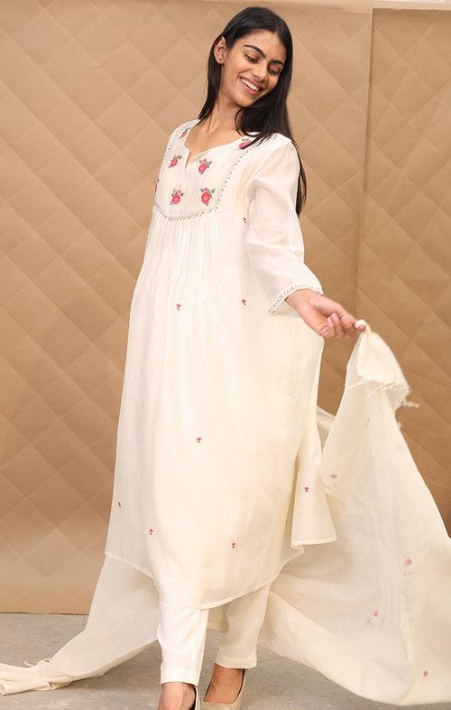 Pearl Toned Chanderi Kurta with slip, pants and dupatta