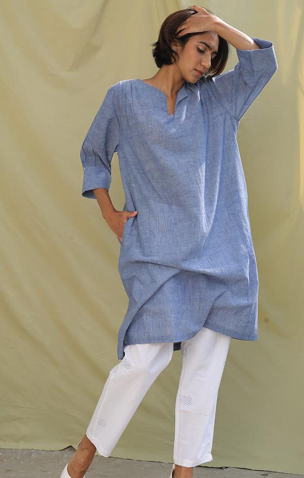 Denim Blue Handwoven Handspun Kurta