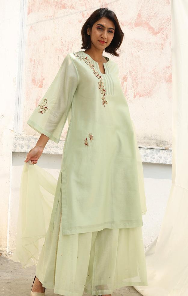 Chanderi Kurta in Tea Green with Palazzo and Silk Organza Dupatta