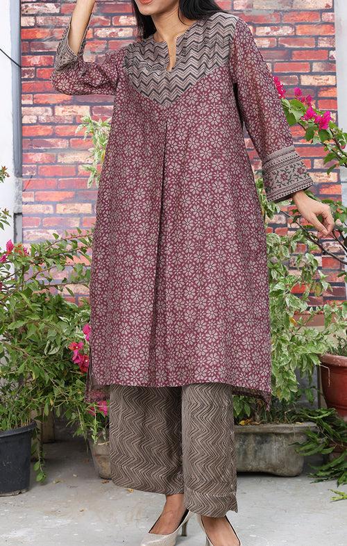 Chanderi Kurta in Dewberry violet with Handblock Prints and Zardozi