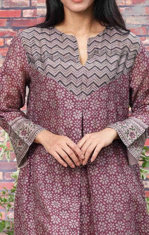 Chanderi Kurta in Dewberry violet with Handblock Prints and Zardozi