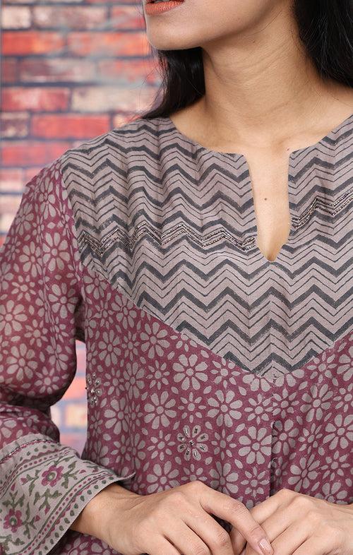 Chanderi Kurta in Dewberry violet with Handblock Prints and Zardozi