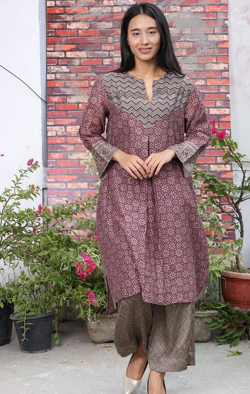 Chanderi Kurta in Dewberry violet with Handblock Prints and Zardozi