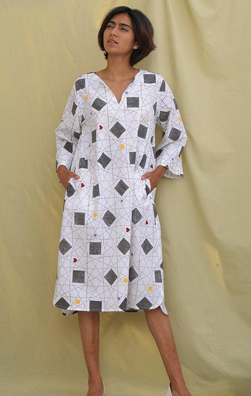 Handblock Geometric Print Shift Dress