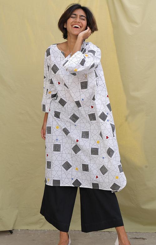 Handblock Geometric Print Shift Dress