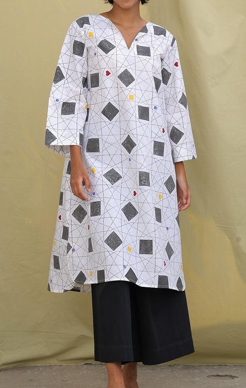 Handblock Geometric Print Shift Dress