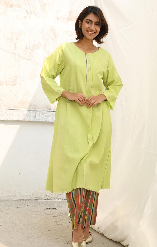 Handspun Handwoven Cotton Kurta in Wild Lime with Pants