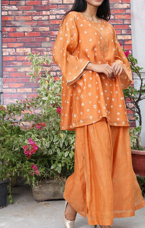 Chanderi Kurta In Dusty Orange with Bandej and Zardozi with Chanderi Palazzo