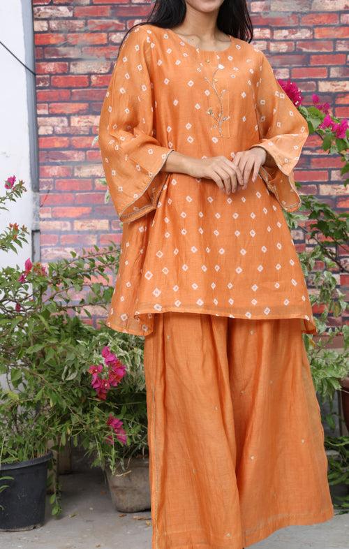 Chanderi Kurta In Dusty Orange with Bandej and Zardozi with Chanderi Palazzo