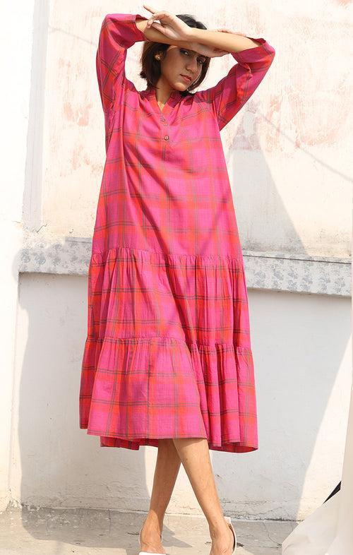 Dress in Handwoven Cotton in Persian Pink with Checks