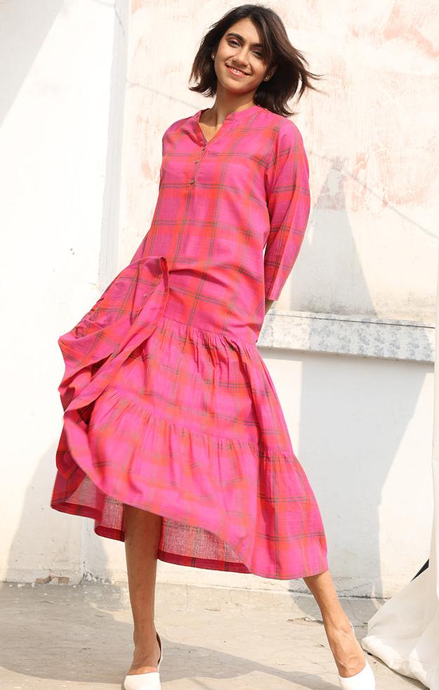 Dress in Handwoven Cotton in Persian Pink with Checks