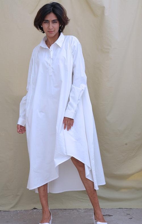 Organic Cotton White Asymmetrical Shirt Dress