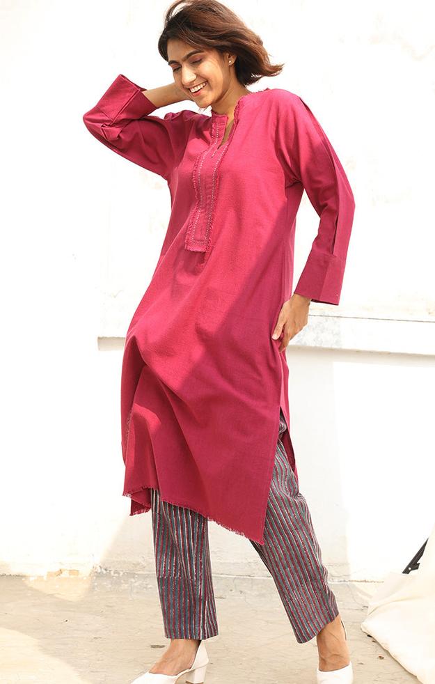 Handspun Handwoven Cotton Kurta in a Rich Plum Shade with Pants