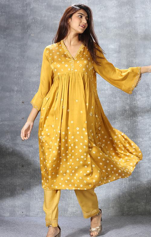 Modal Satin Kurta with mirror work and Bandej with Pants and Dupatta - Mustard