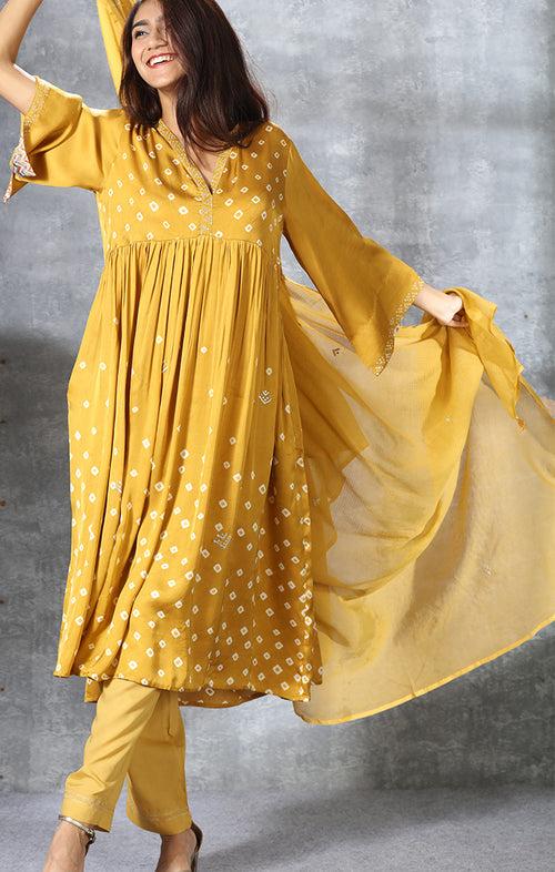 Modal Satin Kurta with mirror work and Bandej with Pants and Dupatta - Mustard