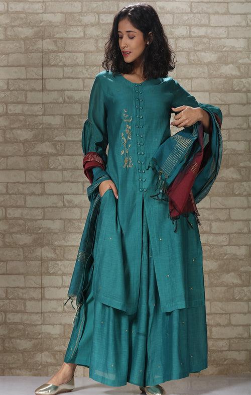 Chanderi Kurta in Vitrillo Blue with Palazzo and Dupatta