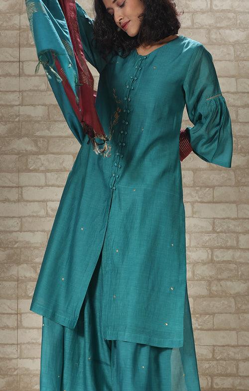 Chanderi Kurta in Vitrillo Blue with Palazzo and Dupatta