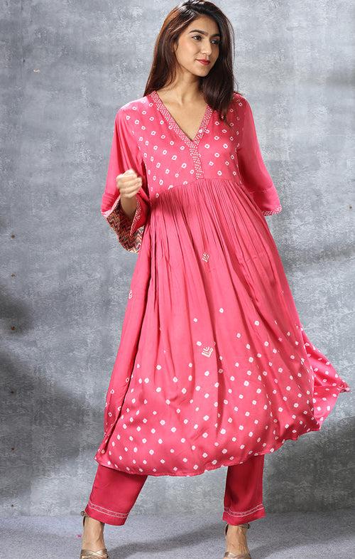 Modal Satin Kurta with Hand Embroidered Mirror Work and Bandej - Fiery Rose