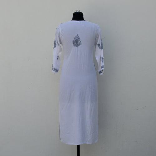 White Rayon Potli Buttoned Kurta with Grey Threadwork