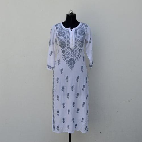 White Rayon Potli Buttoned Kurta with Grey Threadwork