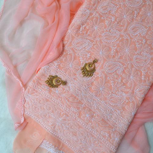 Peach Cotton Suit Piece with Chiffon Dupatta