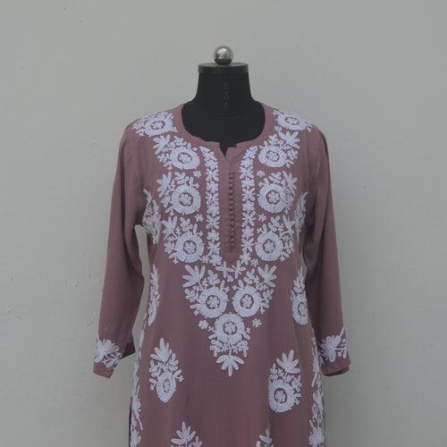 Mauve Rayon Potli Buttoned Kurta with Aari Work