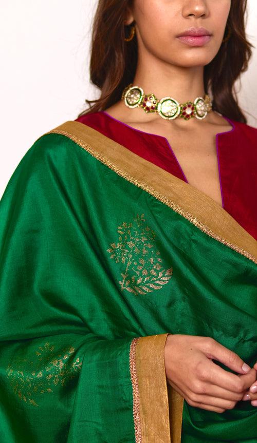 Silk Dupatta in Green with block printing