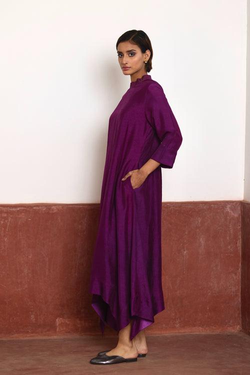 Asymmetrical Dress in Purple Silk with Purple Brocade Sally Jacket