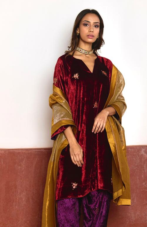 MD Kurta in Red Velvet with Purple Velvet Salwar