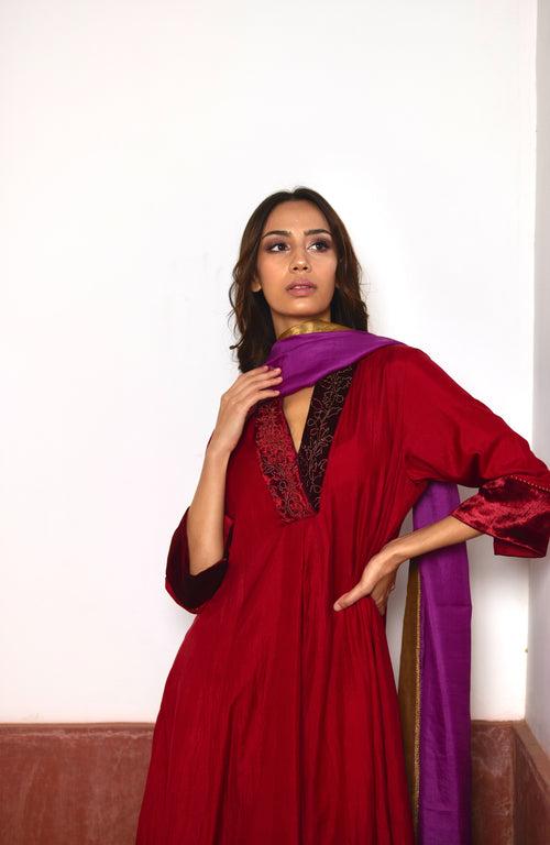 Sashiko Kurta in Red Silk with Purple Pant