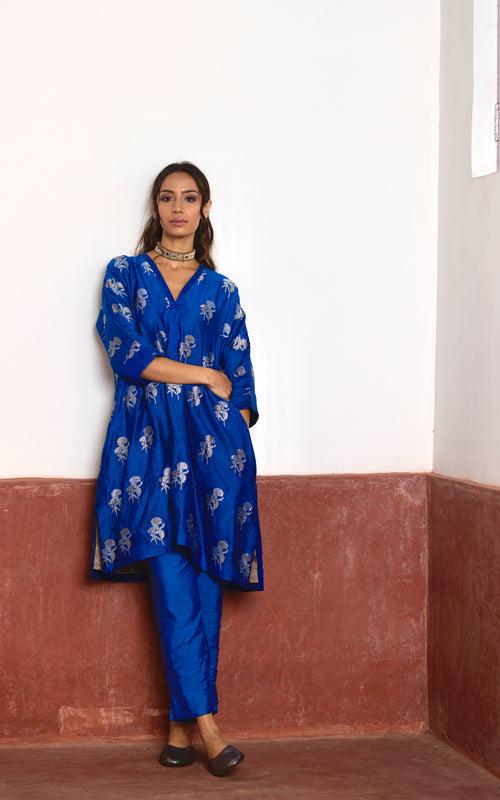 Shahi Kaftan in Blue Brocade with Blue Pant