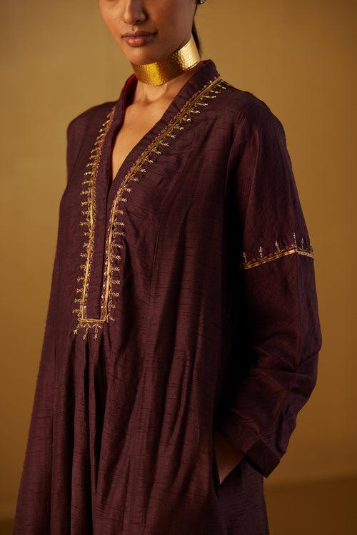 Sashiko Dress in Plum Silk