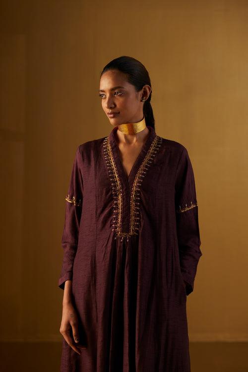 Sashiko Dress in Plum Silk