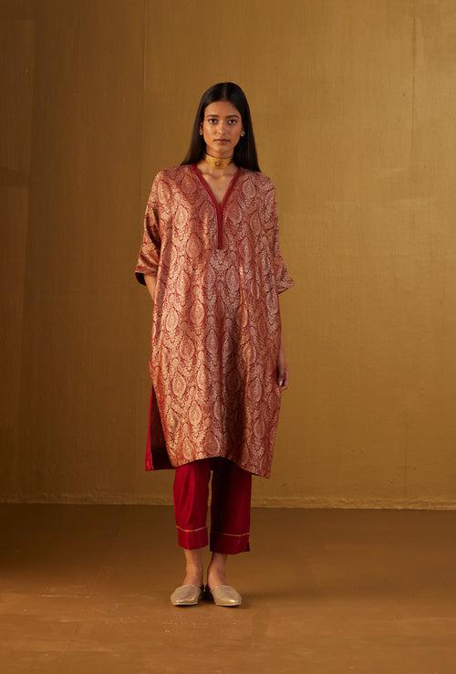 Shahi Kaftan in Red Mughal Brocade with Red Pants