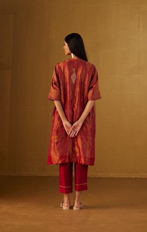 Shahi Kaftan in Red Mughal Brocade with Red Pants