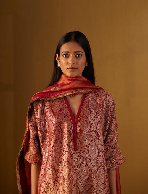 Shahi Kaftan in Red Mughal Brocade with Red Pants