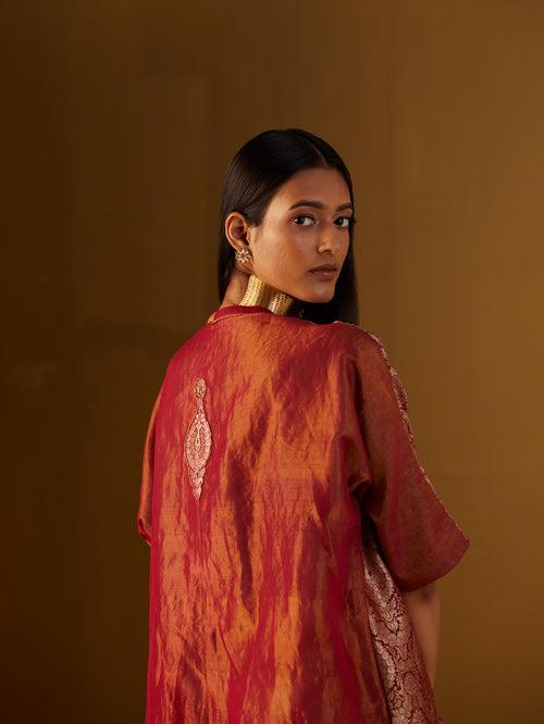 Shahi Kaftan in Red Mughal Brocade with Red Pants