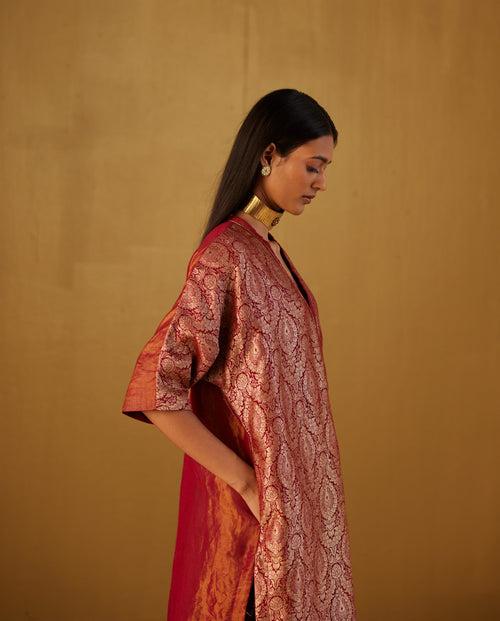 Shahi Kaftan in Red Mughal Brocade with Red Pants