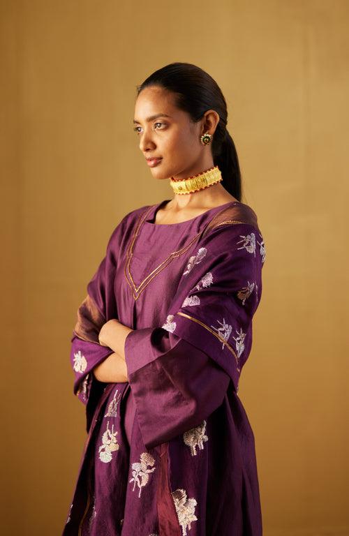 Purple Oonch Neech Kurta with Gota Chanderi Pants