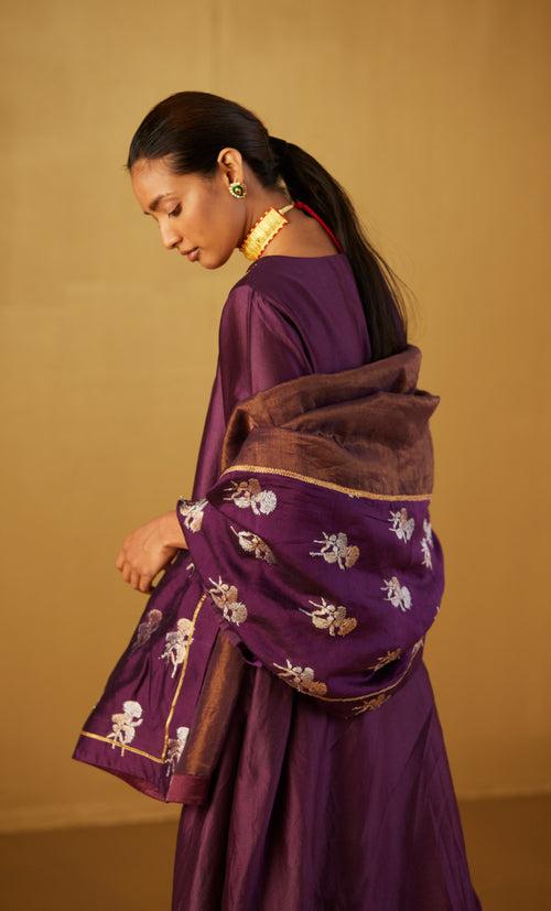 Purple Dupatta in Half Tissue & Half Brocade