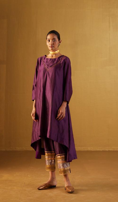 Purple Oonch Neech Kurta with Gota Chanderi Pants