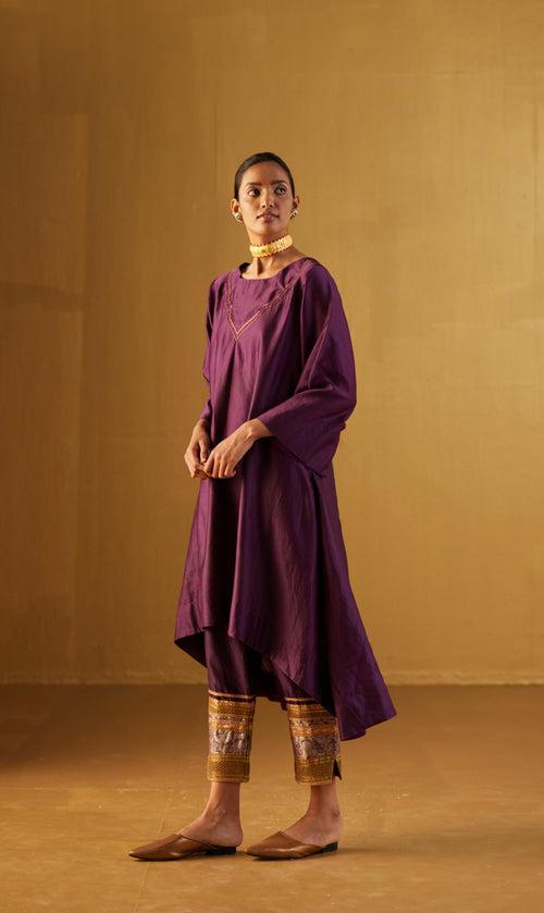 Purple Oonch Neech Kurta with Gota Chanderi Pants