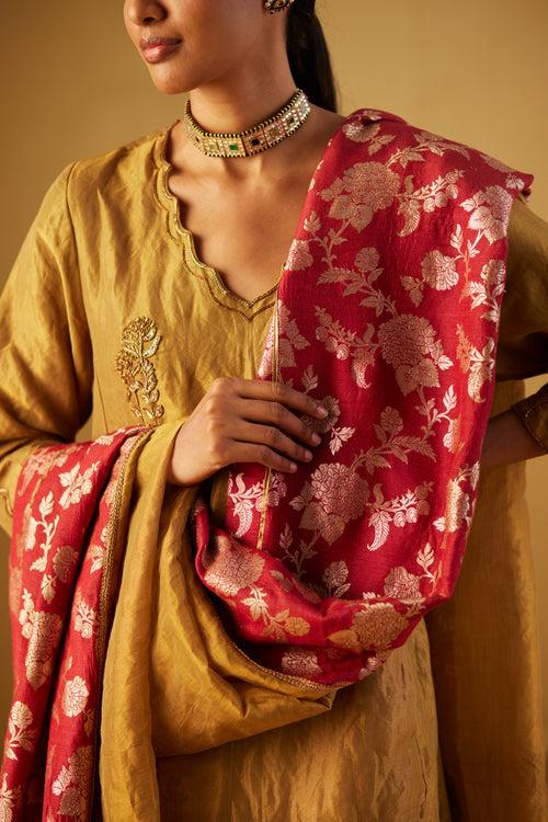 Red Dupatta in Half Tissue and Half Brocade