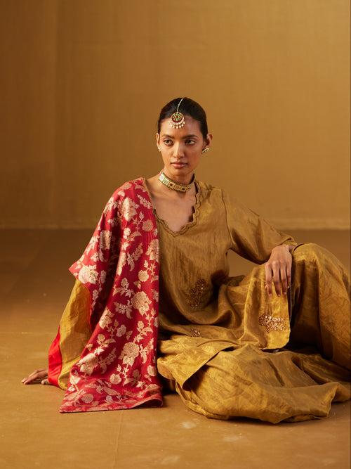 Red Dupatta in Half Tissue and Half Brocade