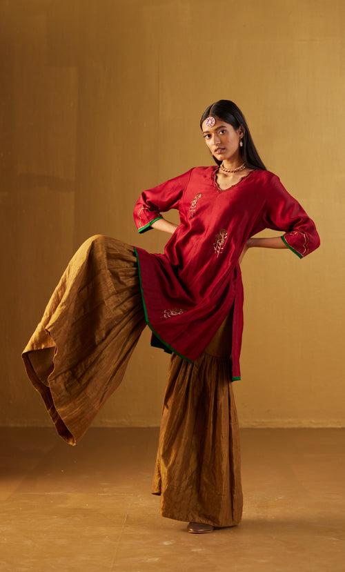 Tannu Kurta in Red Chanderi with Gold Sharara