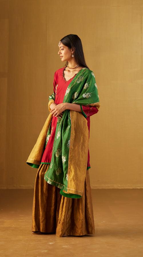 Green Dupatta in Half Tissue and Half Brocade