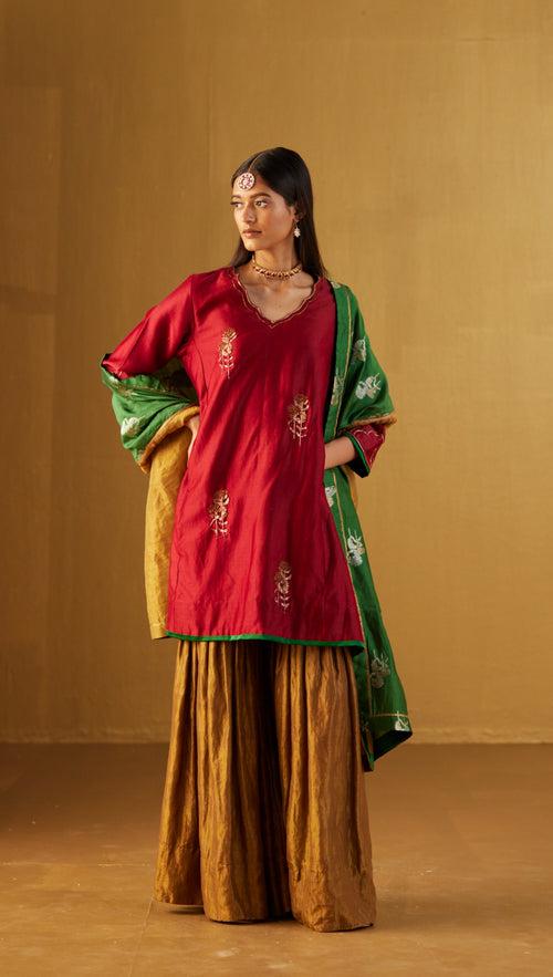 Tannu Kurta in Red Chanderi with Gold Sharara